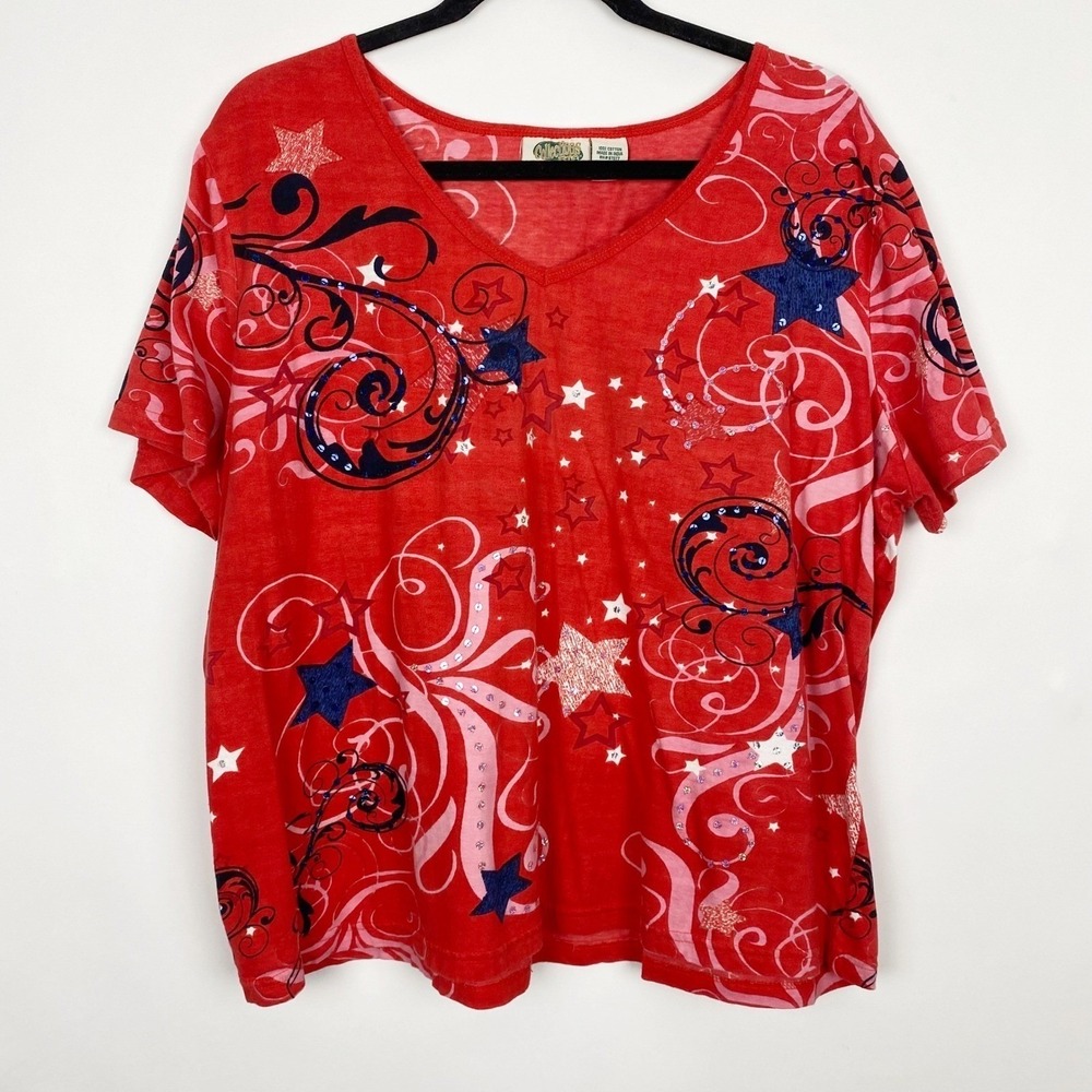 Vintage Collections Etc Stars Swirls Sequined Graphic Tee Women‎ XL Patriotic